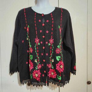 VTG 26/28 4X Arriviste Beaded Embroidered Christmas Poinsettia Cardigan Sweater